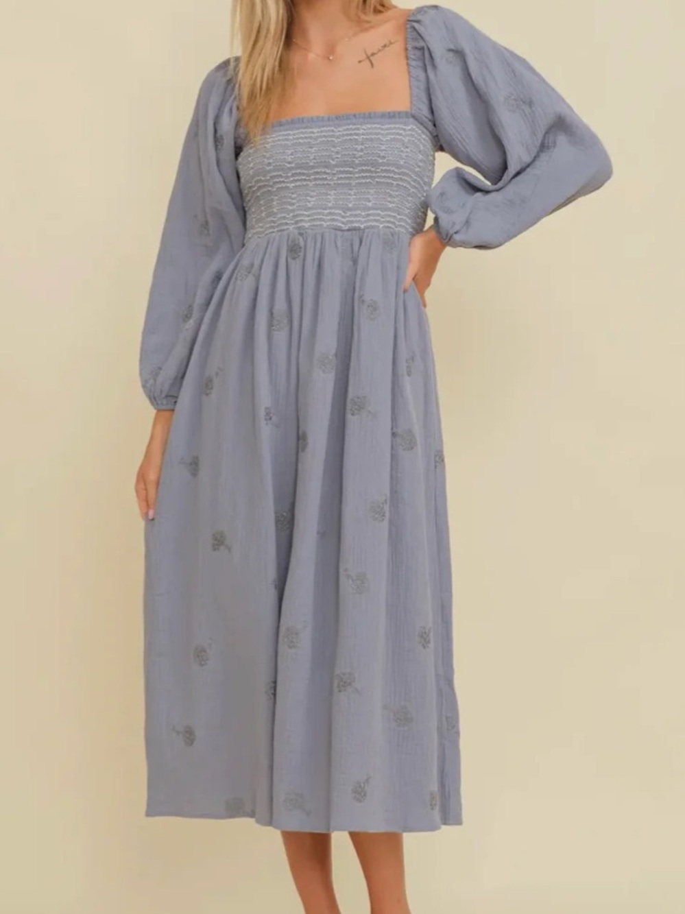 Smocked Square-Neck Midi Dress in Dusty Blue with Puff Sleeves